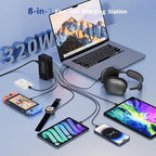 Upgrade USB C Desktop Charger, 320W 8-Port GaN III Fast Charging Station Hub 100W PD Laptop Charger with 5-Foot Cable for MacBook Pro/Air, Dell XPS, iPhone 17/16/15, Galaxy S25, iPad Pro/Air