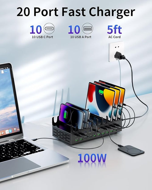 690W Charging Station for Multiple Devices, 20-Port USB C Fast Charging Station with Double 100W PD PPS Port, Multi Device Fast Charger Dock for MacBook Pro Laptop, iPhone, iPad, Tablet, Cell Phone