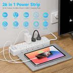 Solidock Power Strip Surge Protector Flat Plug with 20 AC Outlets 6 USB Chagring Ports, 1875W/15A, 2700J, 15 Ft Heavy Duty Extension Cord for Home, Office, Dorm, Gaming,ETL Listed (White, 15Feet)