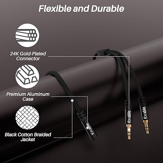 Kxable 1/8 Inch TRS Stereo Y Splitter Cable 6FT, 3.5mm Female to 2-Male Y-Splitter Stereo Audio Cable, for Cell Phone PC Laptop, Speaker, Headphones, Suitable for Switching or Two Sets of Speakers