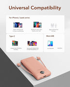 VEGER Portable Charger for iPhone Built in Cables and Wall Plug, 10000mah Slim Fast Charging USB C Power Bank, Travel Essential Battery Pack Compatible with iPhones, iPad, Samsung(Dark Pink)