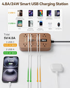 Walnut Power Strip with USB Ports - 5 FT Wood Power Strip, 1625W Decorative Extension Cord with 6 AC Outlet 3 USB, for Brown Tan Wood Walnut Grain Aesthetic Vintage Rustic Desk Accessories Decor