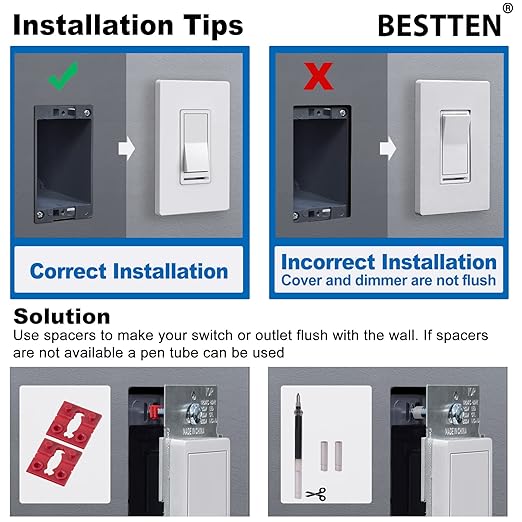 BESTTEN 2 Pack Dimmer Wall Light Switch, Compatible with Dimmable LED, CFL, Incandescent and Halogen Bulb, Single Pole or 3-Way Dimmer Switches, 120VAC, Decorator Wall Plate Included, Gray, UL Listed