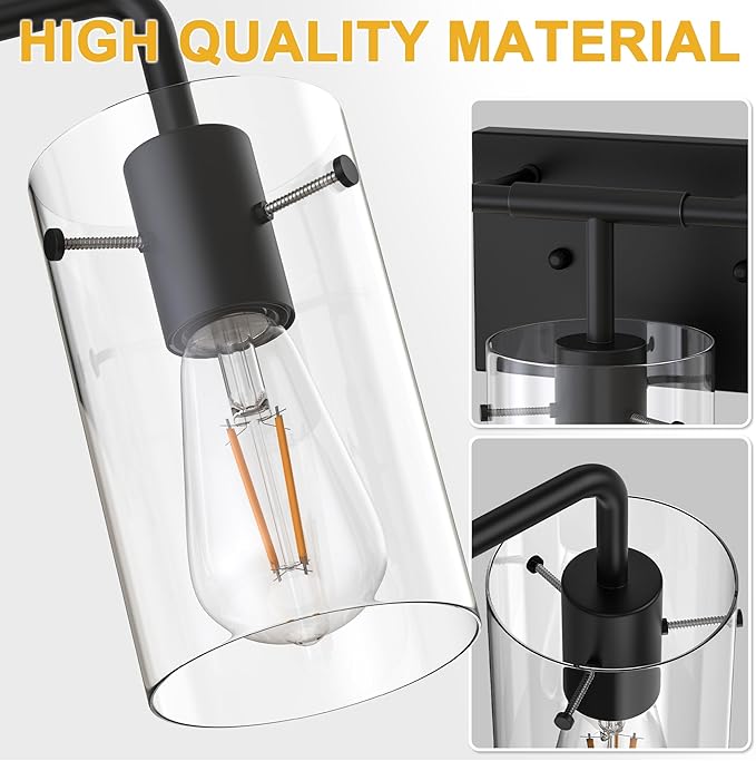 L LOHAS LED 5-Light Bathroom Light Fixtures, 33.85" Black Bathroom Vanity Light with Straight Glass Shades, Modern Vanity Lights for Bathroom Light Fixtures Over Mirror Living Room Hallway, E26, ETL