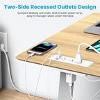CCCEI 6 Outlets Dual Side Recessed Power Strip with USB C Ports, Furniture Flush Mount, Under Desk, Desk Top Multiple Outlets, Hidden Charging Station for Conference Table, Nightstand, White. 10FT.