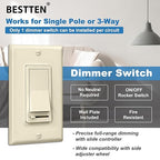 BESTTEN 2 Pack Almond Dimmer Wall Light Switch, Compatible with Dimmable LED, CFL, Incandescent and Halogen Bulb, Single Pole or 3-Way Dimmer Switches, 120VAC, Decorator Wall Plate Included