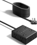 20Ft Long Extension Cord, Flat Plug Power Strip Surge Protector, 8 Outlet 4 USB Ports (2 USB C), Wall Mountable, Desk Charging Station for Home Office, College Dorm Room Essentials (Black)