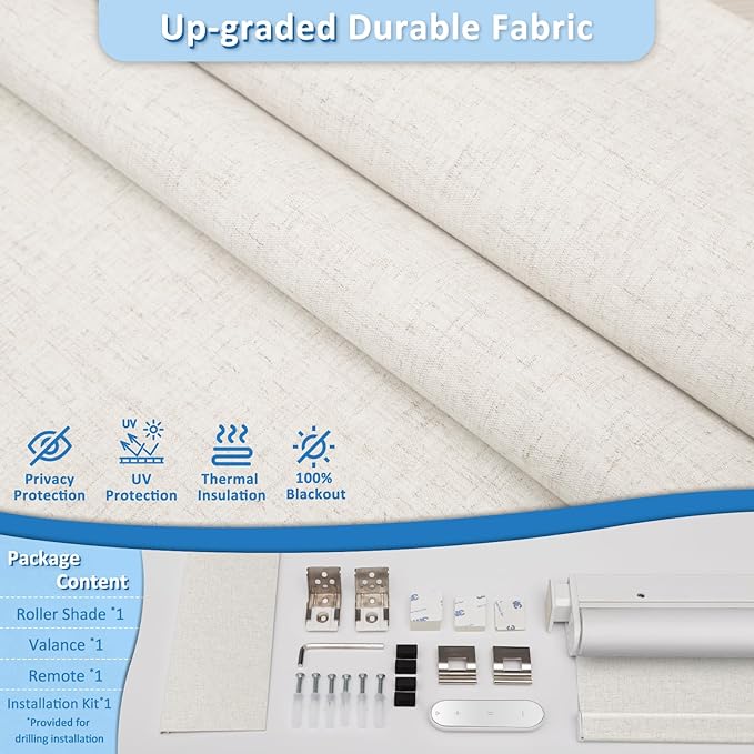 MANSNIX Smart Motorized Blinds with Remote, Cordless No-Drill Automatic Roller Shades, Blackout Electric Blind for Windows, Linen Stone, 34.5 x 72