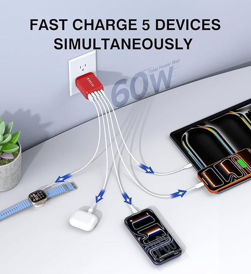 60W USB C Wall Charger, 2Pack 5-Port C Charger Fast Charging Block PD Power Adapter +QC 3.0 Multiport Type C Box Brick Cube USB A Wall Plug for iPhone 14/15/16/17 Pro Max, iPad,Samsung Galaxy(Red)