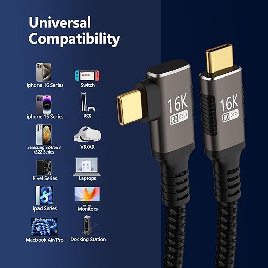 right angle USB-C Cable 3.3FT Compatible With Thunderbolt 5/4,Type C 240W Fast Charging,USB C 16K@60Hz/8K@120Hz HD Video Output for Display,USB 5/4 90 degree Cable 80Gbps Data Transfer for SSD/Dock.