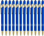 LINFANC 12 Pack Blue Gold Ballpoint Pen with Stylus Tip, 1.0 mm Black Ink Smooth Writing Pens, Metal Stylus Pens for Touch Screens
