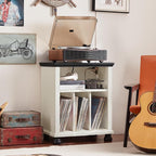 Joaxswe Record Player Stand with Charging Station Up to 200 Albums, 24" Wide Mid-Century Record Player Table with Vinyl Record Storage,Large Wood Turntable Stand Dispaly Cabinet for Living Room,White
