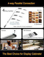 EBD LED Display Cabinet Lighting 4-Way 1.2m / 48" Splitter Parallel Connection Shelf Lights Touch Bookcase Lighting 4 Panels Counter Light Bar Energy 1800 Lm 3000K for Kitchen Pantry Garage Closet