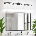 Guliaofo 8-Light Vanity Lights, Black Bathroom Light Fixture with Striped Textured Milky White Glass Shade, Modern Vanity Lighting Fixture for Bathroom Wall Light Over Mirror, E26 Wall Sconce