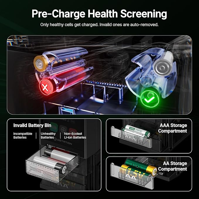Ostation 2 Pro 3-in-1 Smart Battery Charger with 12 pcs AA Li-ion & 12 pcs AAA NiMH Rechargeable Batteries, Polarity-Free, Auto Detection & Storage, App Control, Touchscreen, Flashlight Charging Ports