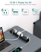 Surge Protector Power Strip - Extension Cord with Addtam 6 AC Outlets 4 USB (2 USB-C Ports), 1875W/15A, Flat Plug with Overload Surge Protection, Outlet Extender for Home Office Dorm Room Essentials