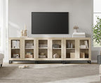 WAMPAT Modern TV Stand with Glass Doors for 110 inch TVs, 3 in 1 Entertainment Center Console with Adjustable Shelves and Metal Base for Living Room, Bedroom, Light Oak