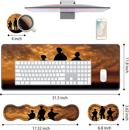 4 in 1 Ergonomic Keyboard Wrist Rest & Mouse Pad Wrist Rest Set, Large XXL Gaming Desk Mat 31.5"x 11.8" with Non-Slip Base, Memory Foam for Home Office Study Gaming, American Soldiers