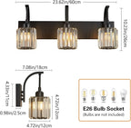 FDPBY 3-Light Crystal Vanity Light, Modern Black Bathroom Wall Sconce with K9 Crystal Shades, 23.62" Long Over Mirror Lighting for Vanity, Makeup, Hallway, Elegant & Durable