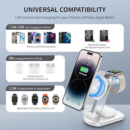 2026 Traveling Wireless Mag-Safe Fast Charging Station,Magnetic 3 in 1 Charger with Light for iPhone 17 16 15 14 13 12 Pro Max Plus,Apple Watch& Air pods 4 3 2 Pro-Gifts for Wife & Husband(White)