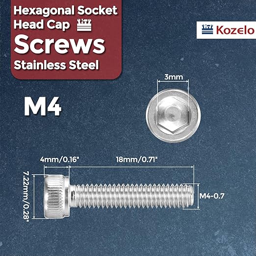 Kozelo 50pcs Socket Head Cap Screws - [M4-0.7 x 18mm] 304 Stainless Steel Allen Socket Drive for Electrical Motor 3D Printing Fan Engine Replacement Use, Silver