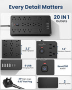 JouleLoom Surge Protector Power Strip-14 Outlets and 6 USB Ports, 10 Feet Flat Plug Extension Cord, 1850 Joules, Black, ETL Listed for Home, Office, Dorm Room
