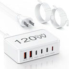 USB C Charger Block,120W GaN 6 Port Type C Fast Charging Station Hub,5FT Cord USB C Wall Charger Adapter Plug for iPad, iPhone 17, 16, 15, 14, 13, 12 Pro Max, Pixel, Galaxy and More