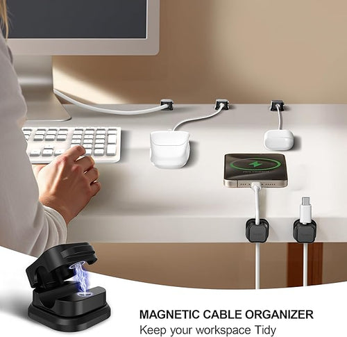 12 Pack Magnetic Cable Clip Organizer Cord Holder, Picozon Adhesive Cable Management, Wire Phone USB Charger Cable Holder, Keeper Organizer for Office Home Desktop Table - Black