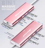 Hiearcool USB C Hub Ethernet, 8in1 USBC Hub Multi-Port Adapter, USB-C to HDMI Docking Station Type C Adapter Dongle Compatible for MacBook Dell XPS HP ASUS and More Type-C Devices-Rose Gold