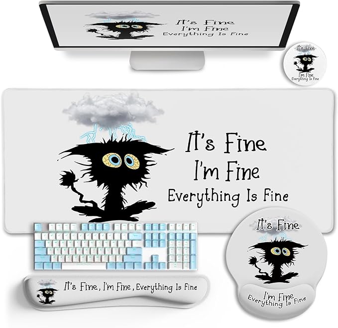 LIMKRIAN Desk Mat Set, Large Gaming Mouse Pad with Wrist Rest, Ergonomic Mouse Pad Keyboard Mat Wrist Support, Cup Coaster, Home Office Desk Accessories Decor Supplies, Funny Black Cat