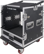Sound Town 12U PA DJ Pro Audio Rack/Road ATA Case with 2U Drawer, 11U Slant Mixer Top, DJ Work Table, Casters, Pro Tour Grade (MR-DR12UT)
