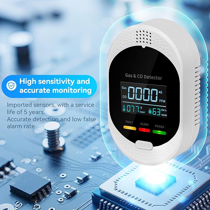 5PCS 4-in-1 Carbon Monoxide & Natural Gas Detectors with Temperature/Humidity LCD Display, Plug in Co Leak Detector Propane Monitor for Home Travel RV Essentials, Sound Alarm Over 85dB