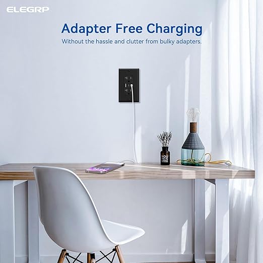 ELEGRP USB Outlets, 20 Amp Wall Outlet with 3 USB Ports, Dual USB C Ports Outlets, TR Tamper-Resistant USB Outlets Receptacles, Wall Plate Included, UL/CUL Listed, 10 Pack, Black