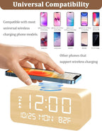 Digital Alarm Clock, with Wooden Electronic LED Time Display, 3 Alarm Settings, Humidity & Temperature Detect, Wood Made Electric Clocks for Bedroom, Bedside (Yellow-Wireless)