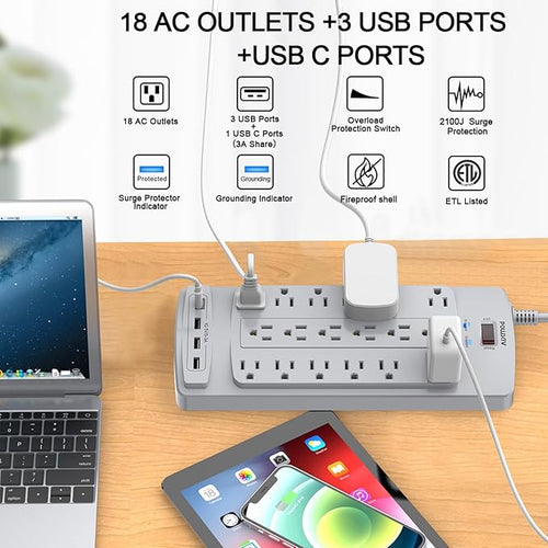 18 Outlets Surge Protector Power Strip - 10 Feet Flat Plug Heavy Duty Extension Cord with 18 Widely Outlets and 4 USB Ports, 2100 Joules, Grey, ETL Listed