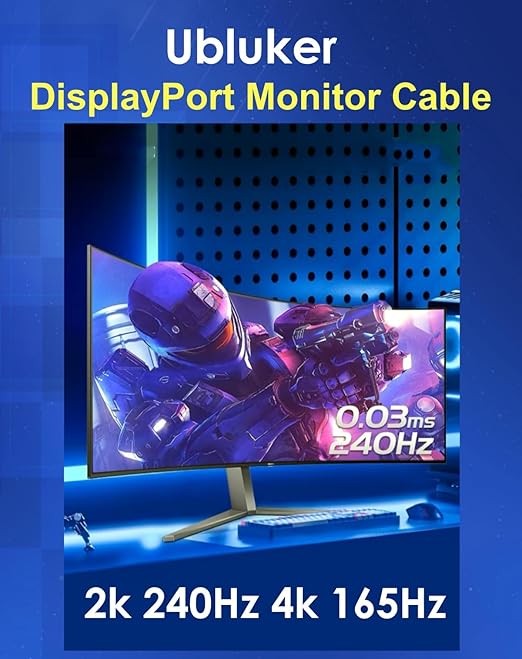 Ubluker 10K 8K DisplayPort 2.1 Cable 54Gbps 50 FT, Certified DP to DP Cord 4K 240Hz 165Hz 144Hz 120Hz 10K 8K 120Hz Nylon Braided UHBR HDCP2.3 FreeSync G-Sync RTX5090 Gaming Monitor PC Projector