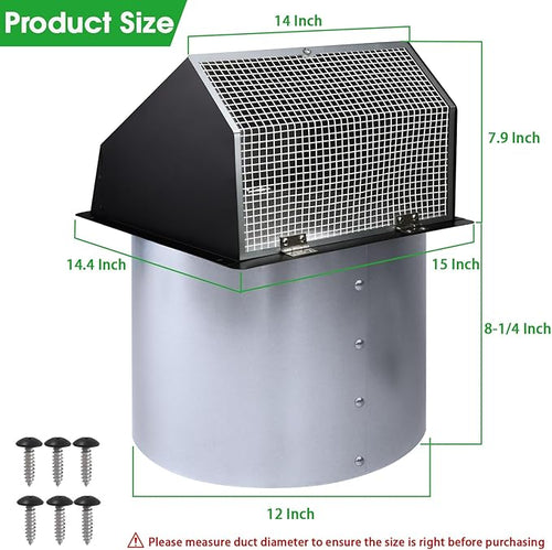 12 Inch Wall Vent Hood Exhaust Vent Cover Cap Outdoor Hooded Wall Vent with Screen and Damper for HVAC Duct Dryer Range Hood Industrial Facilities Ventilation and Air Exhaust,Galvanized Steel,Black