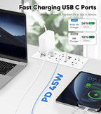 VILONG 14 in 1 Recessed Power Strip with PD 45W USB-C, Flush Mounted Drawer Outlet, 6 Outlets & 8 USB Ports, 45° Flat Plug, 6FT Extension Cord, Conference Desktop Built in Power Strip(White)