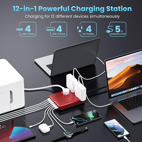 12-in-1 Charging Station USB C Power Strip with 5ft Cord,200W GaN IV USB C Charger Block,4 AC Outlets,8 USB for MacBook,iPhone 16/15/14,Fast Charging Desktop Charger for Office (Red)
