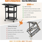 All-Steel Rolling AV Cart with Adjustable Height & Built-in Power – Heavy-Duty Media Workstation with Drop-Leaf Shelves & Wheels for Projectors, Laptops, Printers – Classroom, Office & Studio, Black