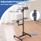 GSOW 2 Shelves Mobile Projector Stand, Rolling Laptop Stand Adjustable Height to 47 Inches, Podium Stands with Ventilated Tray, Heavy Duty, Laptop Floor Stand for Office, Home, Stage, DJ