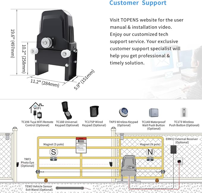 TOPENS BK800 Automatic Sliding Gate Opener Strong Belt Silent Drive Electric Gate Motor for Heavy Driveway Slide Gate Up to 1800 Pounds, Gate Operator AC Powered with 40ft Belt and Remote Control