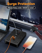 Bawmwim Surge Protector Power Strip - 8 Outlets(1850W/15A) with 6 USB Ports（2 USB C, 6FT Flat Plug Extension Cord, Wall Mount Multi Plug Outlet Extender, ETL Listed for Home, Dorm Room, Black
