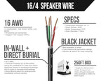 Voltive 16/4 Speaker Wire, in-Wall CL3 & Direct Burial, Black, 250ft - 16AWG, 4 Conductors, Stranded Oxygen-Free Copper, UL Listed - V-1211-3