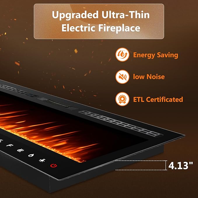 60 inch Ultra-Thin Electric Fireplace Recessed and Wall Mounted with Touch Screen Control Panel/Remote Control- Timer,Realistic 5 Flame - Log & Crystal Hearth Options