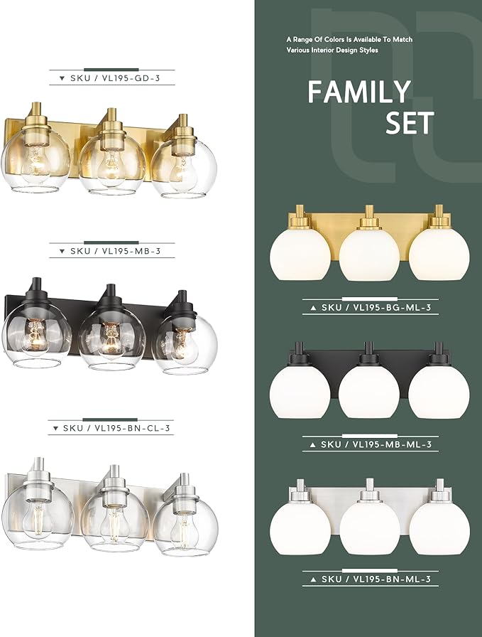 METWET Bathroom Light Fixtures, 3-Light Matte Black Vanity Light, Modern Wall Sconces with Milk White Globe Glass Shade, Vanity Lighting Fixtures Over Mirror, VL195-MB-ML-3