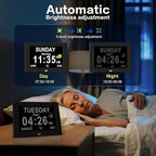 7‘’ Digital Alarm Clock for Elderly Large Display for Seniors Electric Clocks with Date Day of Week 12 Alarms 4 Colors Desk Wall Calendar Clocks for Memory Loss Alzheimers Dementia Auto DST/Dimmer