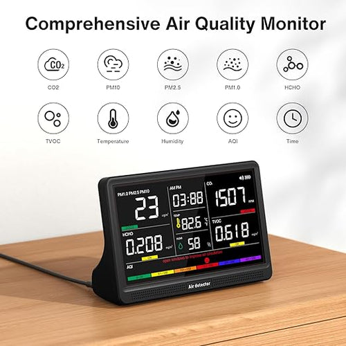 16 in 1 Air Quality Monitor Indoor 7" Display 9 AQI+7 AQI Alerts, CO2 Monitor Air Quality Tester for CO2, TVOC, PM2.5 PM1.0 PM10, HCHO Temperature Humidity AQI & Time Air Quality Meter for Home