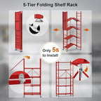 Storage Shelves with 20 Hooks, 5-Tier Foldable Shelves for Storage, Folding Utility Shelf Unit Pantry Shelf with Wheels, Metal Shelving Unit Rack for Garage Christmas Room, Red - No Assembly
