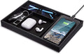 Valet Tray, Built in Wireless Charging Pad, Nightstand Organizer, Dresser Organizer, Mens Jewelry Box, Valet Charging Station, Faux Leather Valet Tray for Men and Women, (Black)